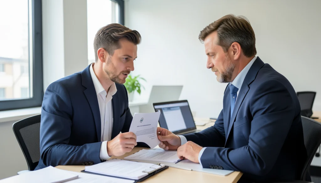 Gründerin bereitet die Gewerbeanmeldung mit Unterlagen und Laptop vor.