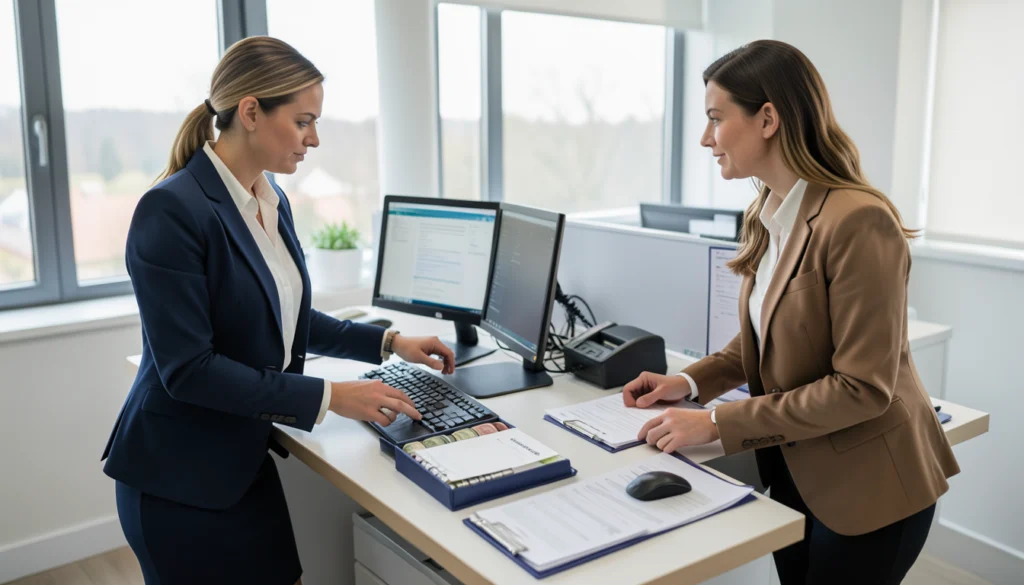 Buchhaltung prüft Kassenbuch, Bargeldbestand und Belege im Backoffice.